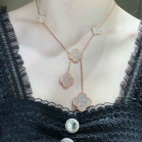 Luxury Inspired Jewelry Vintage Alhambra 6 Motifs Full Pavé Diamond Necklace - Image 7