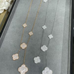 Luxury Inspired Jewelry Vintage Alhambra 6 Motifs Full Pavé Diamond Necklace
