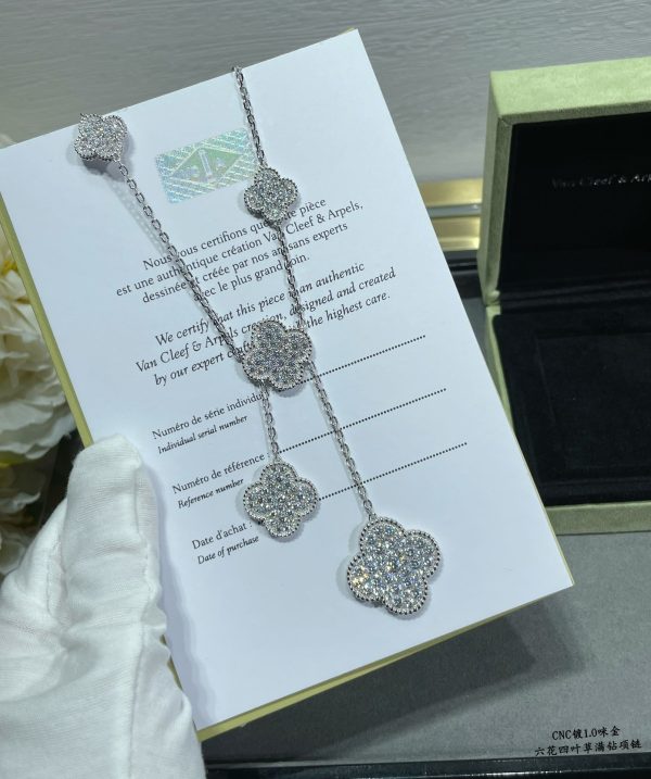 Luxury Inspired Jewelry Vintage Alhambra 6 Motifs Full Pavé Diamond Necklace - Image 5