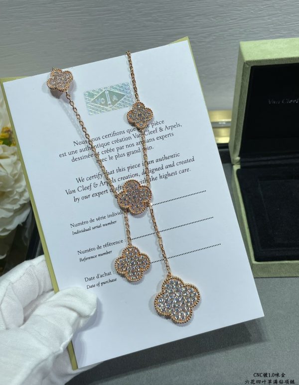 Luxury Inspired Jewelry Vintage Alhambra 6 Motifs Full Pavé Diamond Necklace - Image 4
