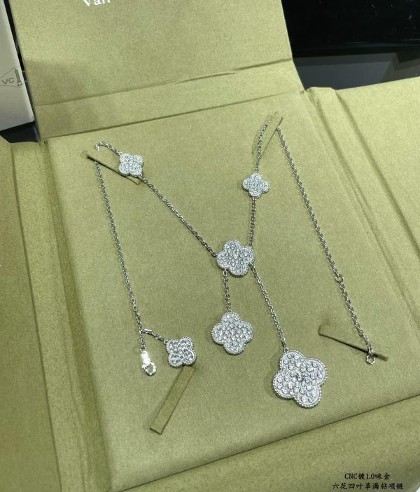 Luxury Inspired Jewelry Vintage Alhambra 6 Motifs Full Pavé Diamond Necklace - Image 2