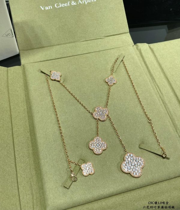 Luxury Inspired Jewelry Vintage Alhambra 6 Motifs Full Pavé Diamond Necklace - Image 3
