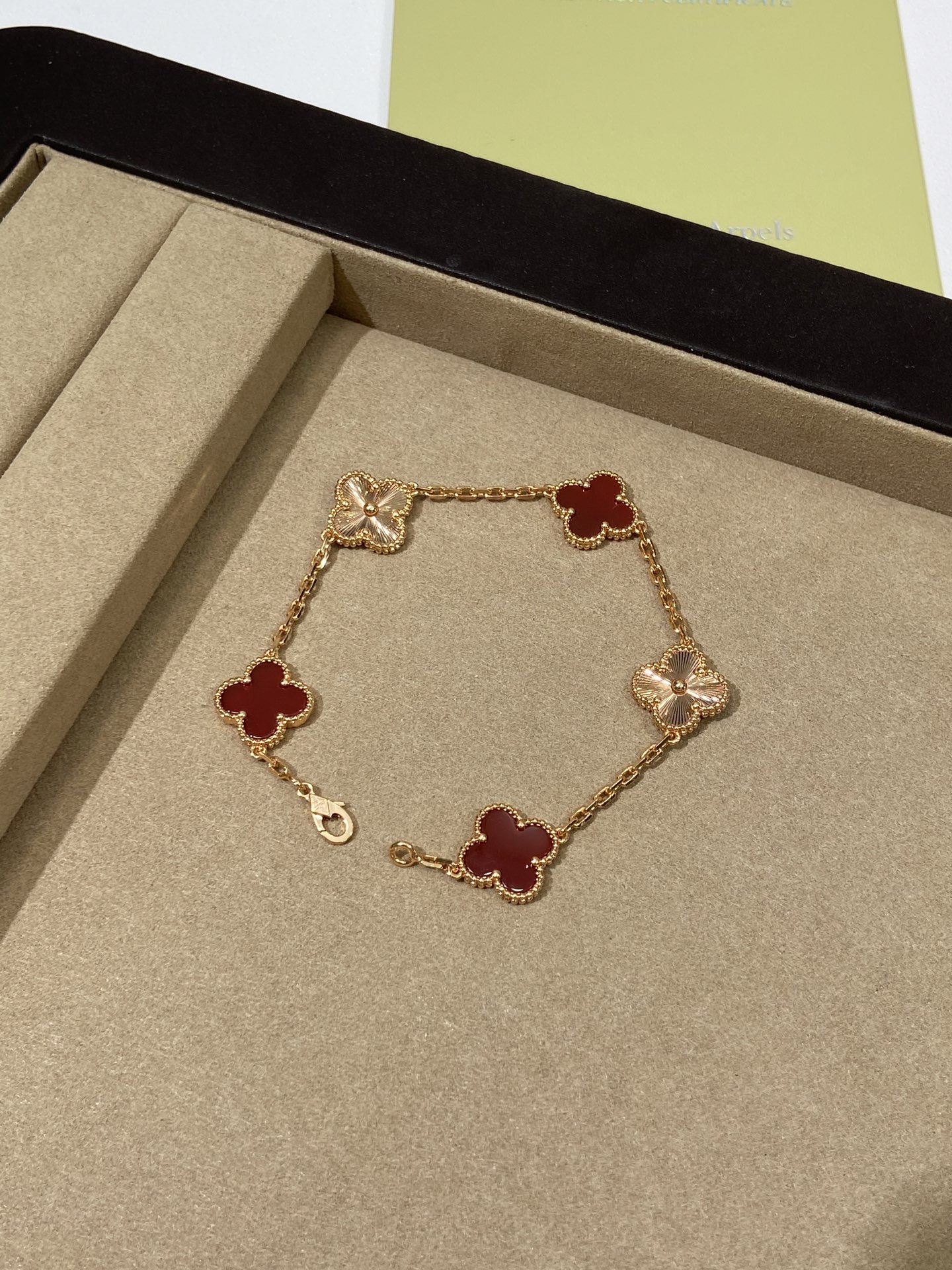 Luxury Inspired Jewelry Vintage Alhambra 5 Motifs Carnelian & Guilloché Bracelet (Gold Tone)