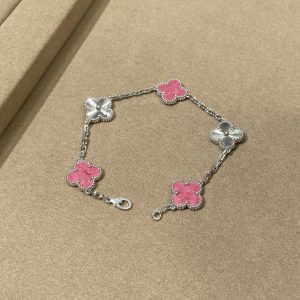 Luxury Inspired Jewelry Vintage Alhambra 5 Motifs Pink Ceramic & Guilloché Bracelet (Silver Tone)