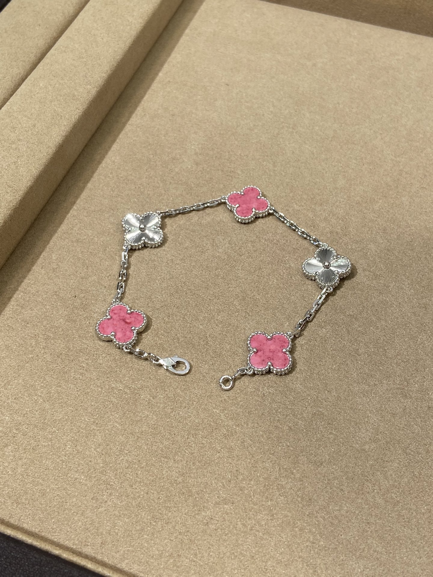 Luxury Inspired Jewelry Vintage Alhambra 5 Motifs Pink Ceramic & Guilloché Bracelet (Silver Tone)