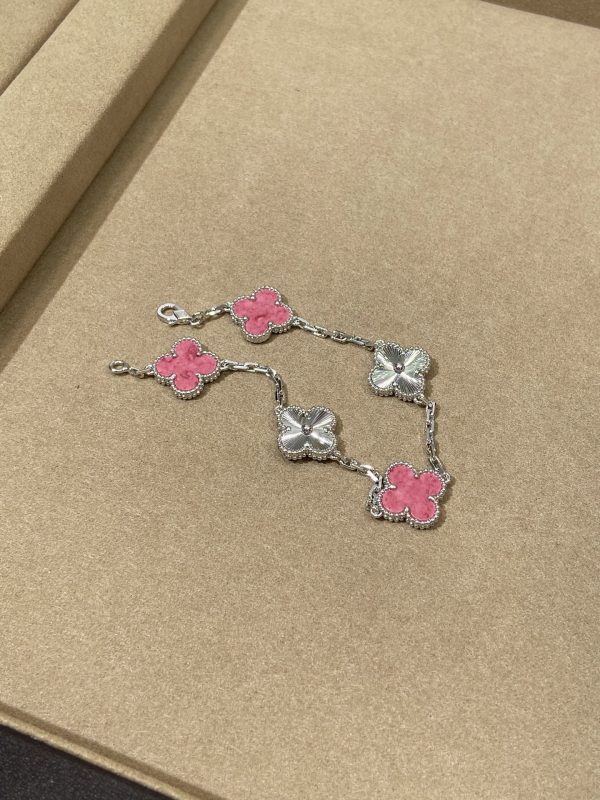 Luxury Inspired Jewelry Vintage Alhambra 5 Motifs Pink Ceramic & Guilloché Bracelet (Silver Tone) - Image 2