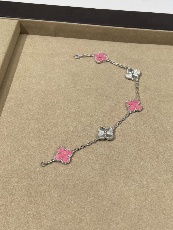 Luxury Inspired Jewelry Vintage Alhambra 5 Motifs Pink Ceramic & Guilloché Bracelet (Silver Tone) - Image 5