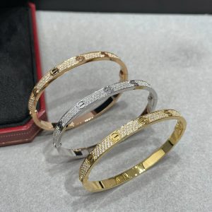 Screw Motif Jewelry LOVE Mid-Size Full Crystal Bangle (Premium CNC Hand-Set Version, 3 Finishes, Sizes 16-19)