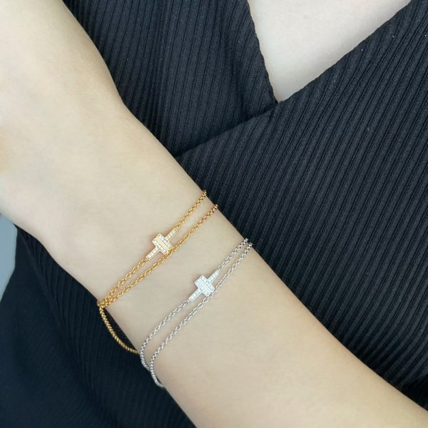 Heart Tag Style Jewelry T Double Chain Bracelet with Diamonds (Premium Version, 3 Finishes, 17cm) - Image 6
