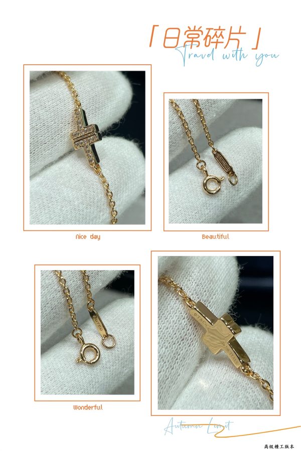 Heart Tag Style Jewelry T Double Chain Bracelet with Diamonds (Premium Version, 3 Finishes, 17cm) - Image 5