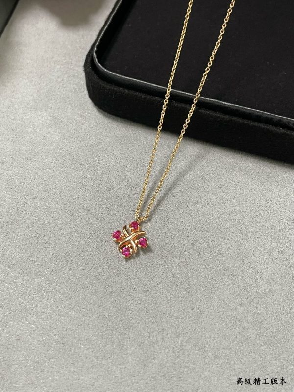 Heart Tag Style Jewelry Signature Cross Pendant Necklace (Premium V-Gold Version, Pink Crystals) - Image 2