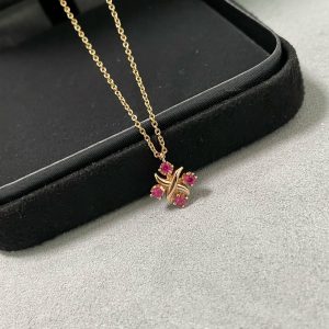 Heart Tag Style Jewelry Signature Cross Pendant Necklace (Premium V-Gold Version, Pink Crystals)