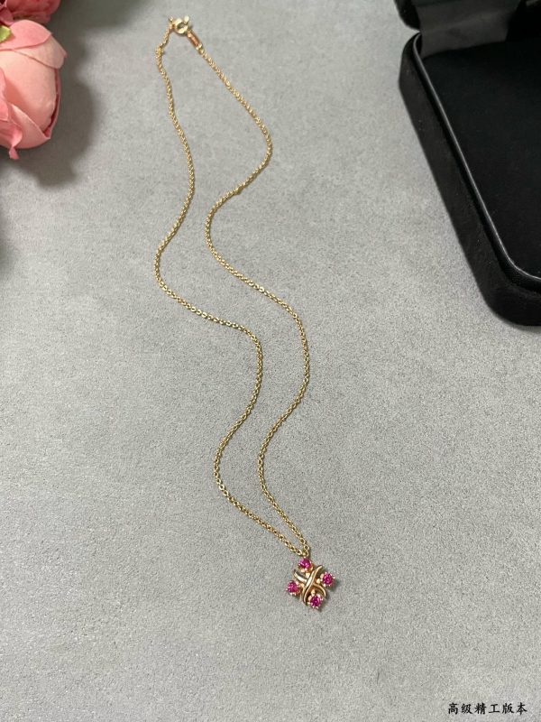 Heart Tag Style Jewelry Signature Cross Pendant Necklace (Premium V-Gold Version, Pink Crystals) - Image 3